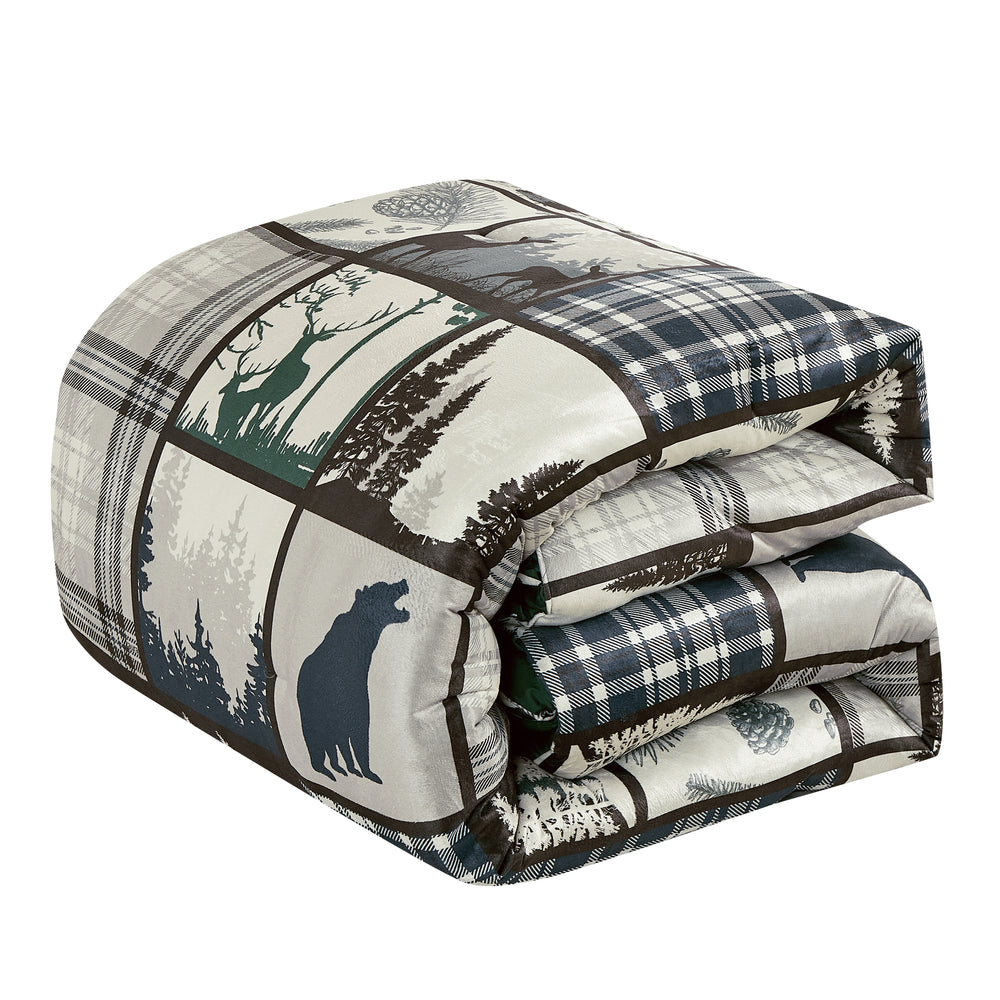 5-Piece Rustic Lodge Bear & Plaid Comforter Set – Wilderness Patchwork Bedding in Green & Blue for Queen/King