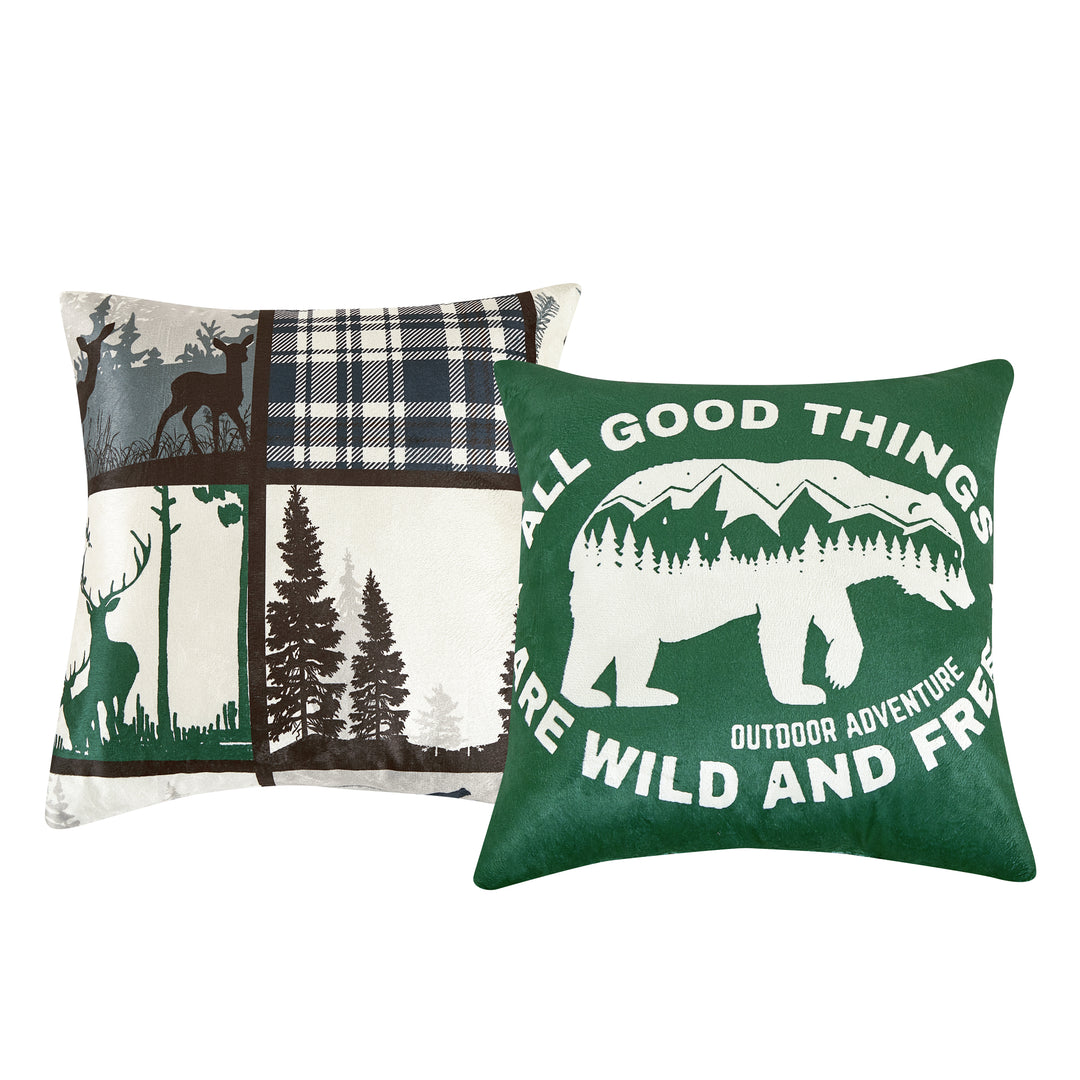 5-Piece Rustic Lodge Bear & Plaid Comforter Set – Wilderness Patchwork Bedding in Green & Blue for Queen/King
