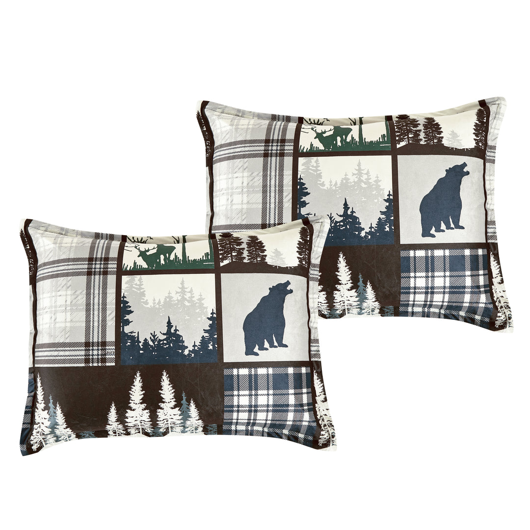 5-Piece Rustic Lodge Bear & Plaid Comforter Set – Wilderness Patchwork Bedding in Green & Blue for Queen/King