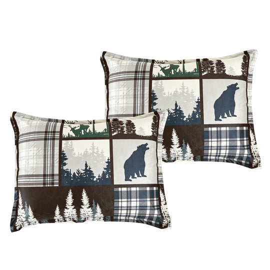 5-Piece Rustic Lodge Bear & Plaid Comforter Set – Wilderness Patchwork Bedding in Green & Blue for Queen/King