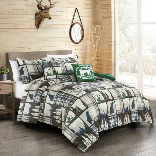 5-Piece Rustic Lodge Bear & Plaid Comforter Set – Wilderness Patchwork Bedding in Green & Blue for Queen/King