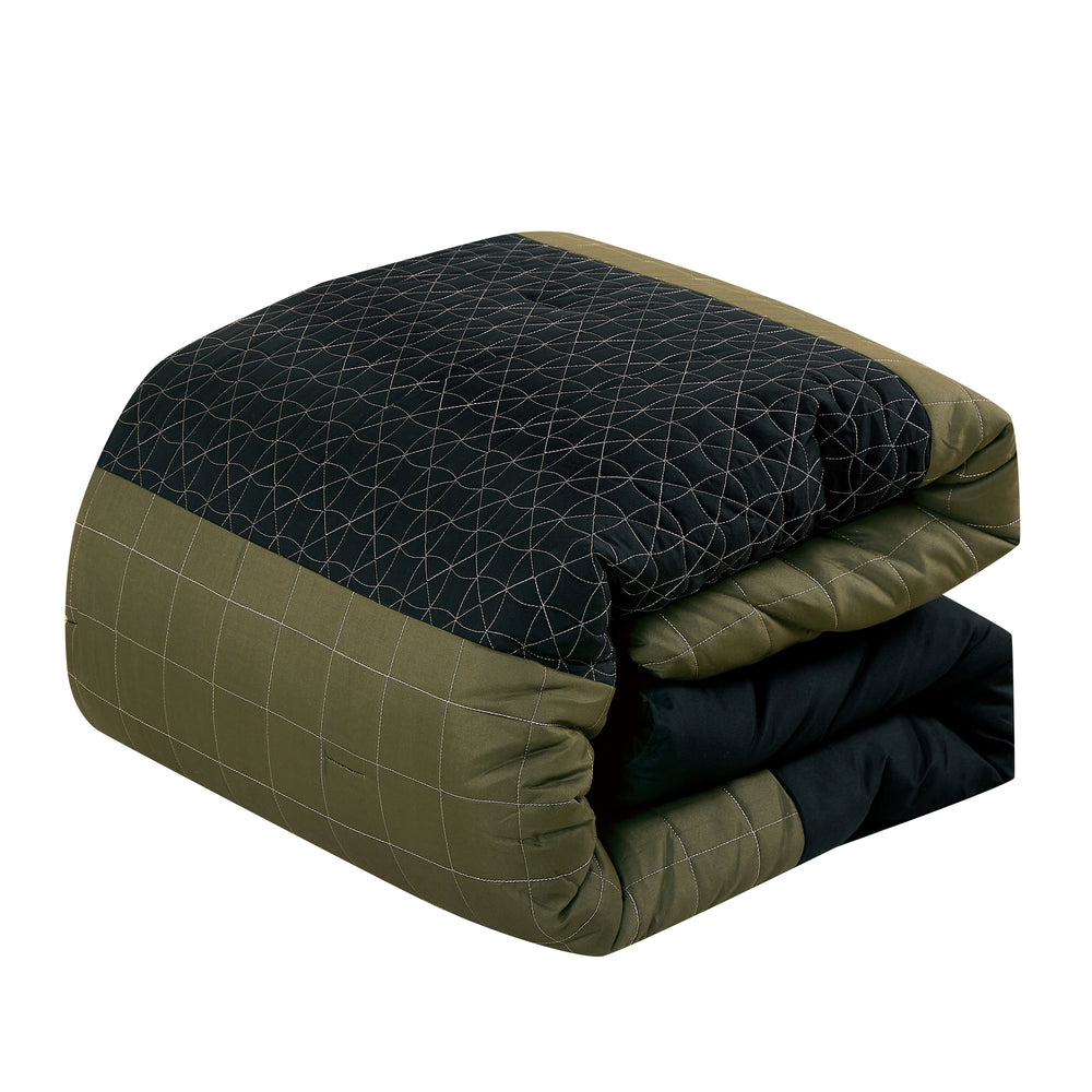 Luxury 9-Piece Geometric Grid Comforter Set in Olive Green & Black – Complete Bedding with Sheet Set Included