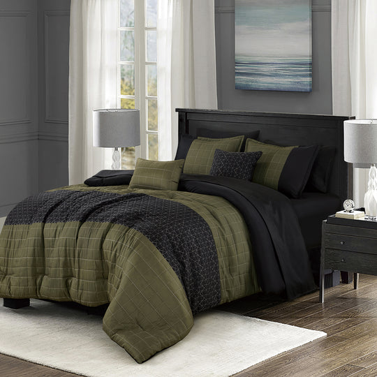 Luxury 9-Piece Geometric Grid Comforter Set in Olive Green & Black – Complete Bedding with Sheet Set Included