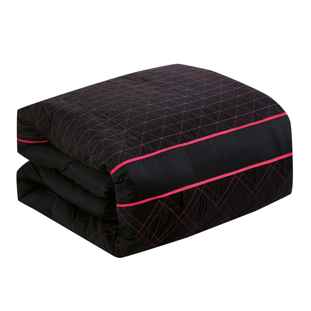 Luxury 9-Piece Geometric Grid Comforter Set in Black & Hot Pink – Complete Bedding with Sheet Set Included