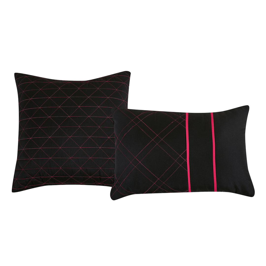 Luxury 9-Piece Geometric Grid Comforter Set in Black & Hot Pink – Complete Bedding with Sheet Set Included