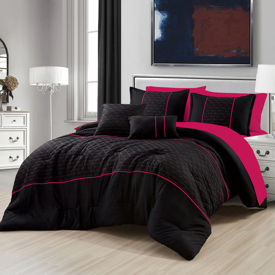 Luxury 9-Piece Geometric Grid Comforter Set in Black & Hot Pink – Complete Bedding with Sheet Set Included