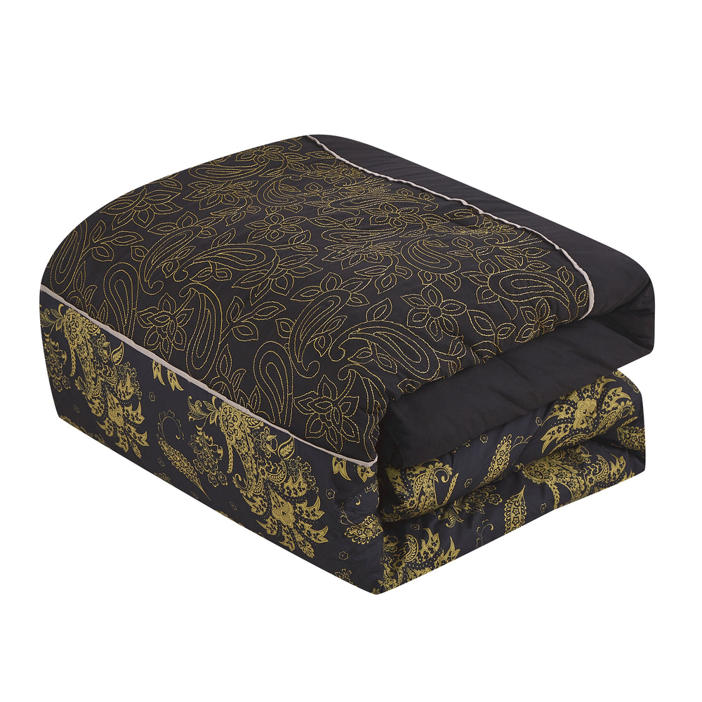 7-Piece Luxury Black & Gold Damask Comforter Set – Reversible Elegant Bedding for Queen/King