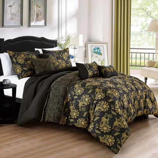 7-Piece Luxury Black & Gold Damask Comforter Set – Reversible Elegant Bedding for Queen/King