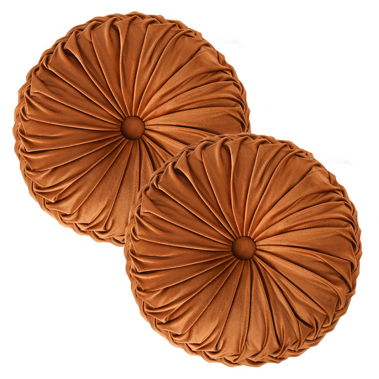 Set of 2 Decorative Velvet Round Pleated Throw Pillows,14.5" Diameter
