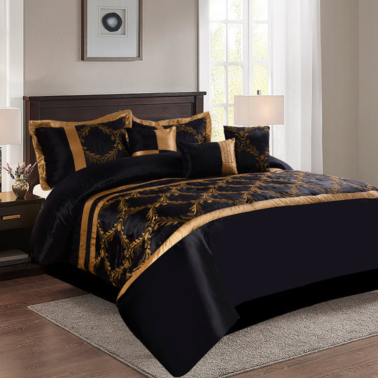 Luxury Black & Gold Embroidered Comforter Set – Elegant Brushed Bedding with Bedskirt for Queen/King