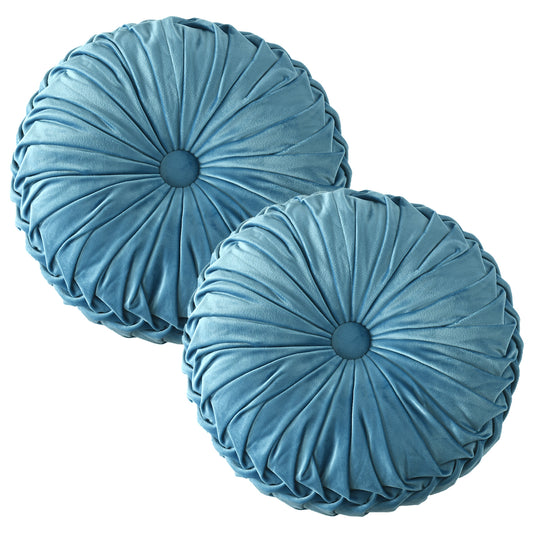 Set of 2 Decorative Velvet Round Pleated Throw Pillows,14.5" Diameter