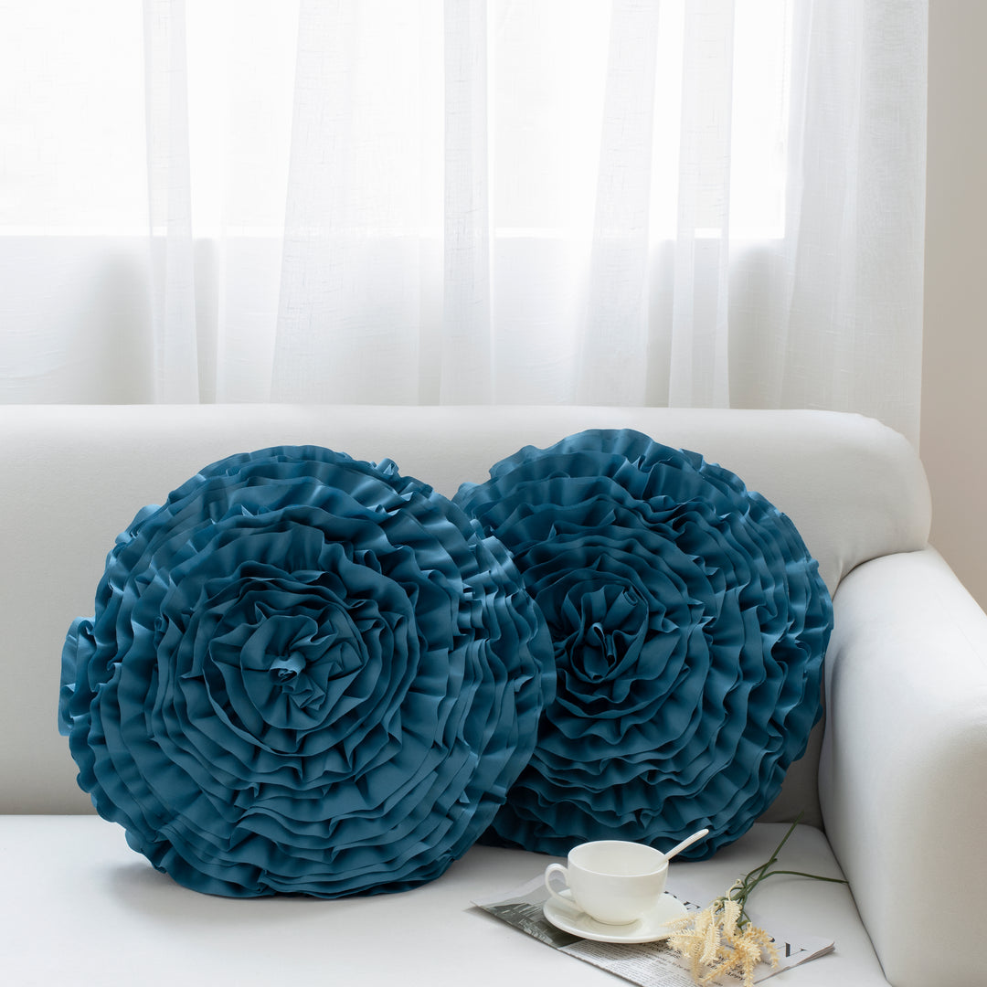 2 Pack 3D Rose Flower Handmade Rosette Rounded Decorative Throw Pillow, Layered Ruffle Floral Accent Pillow for Home Decor,16" Round