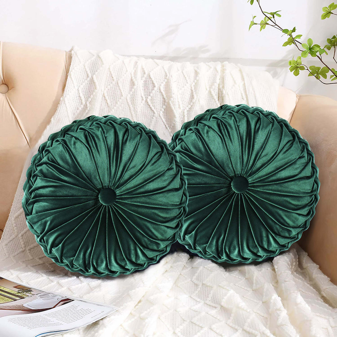 HIG Set of 2 Pumpkin Pleated Round Throw Pillows, Soft Velvet, 14.5" Diameter