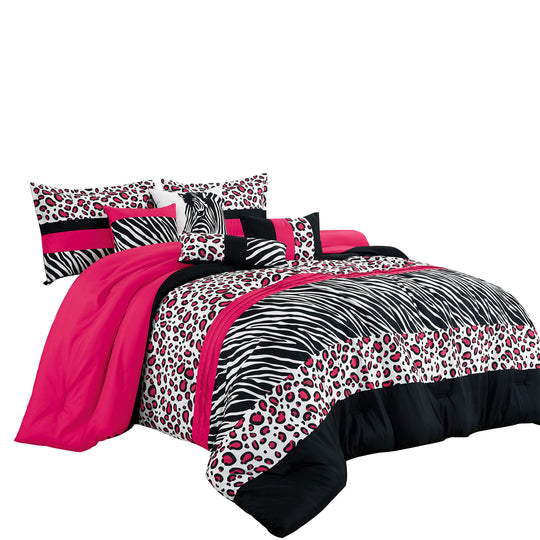 HIG 7 Pieces Leopard Print Comforter Set Color Block Patchwork Bed in A Bag, Pink and Black