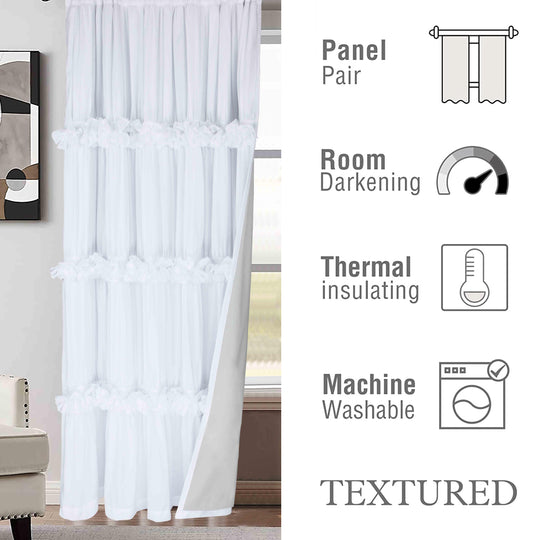 HIG Farmhouse Ruffle Window Curtains with Blackout Liner Handmade Bow Ties Drapes 2 Panels Set, 54"W x 84"L