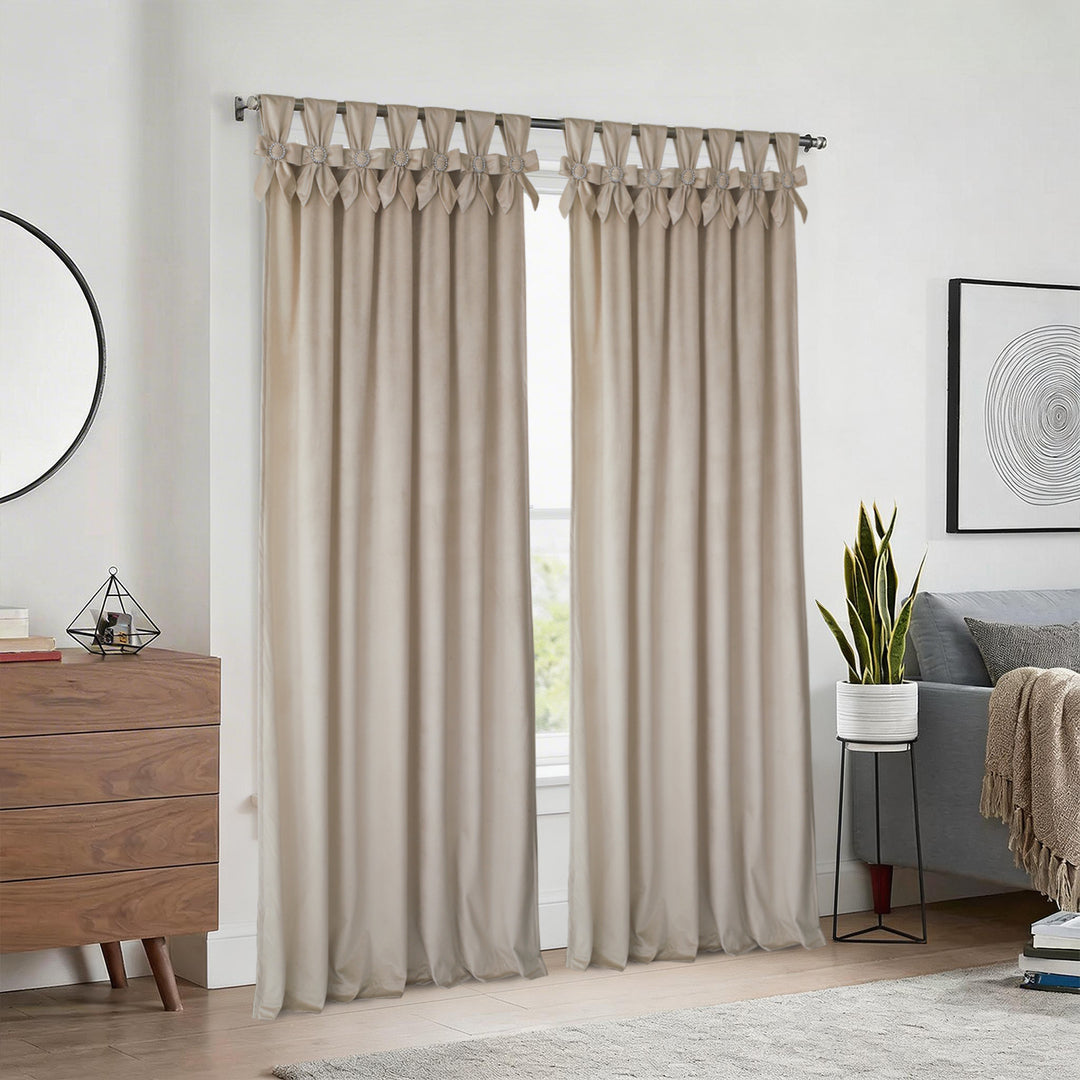 HIG Set of 2 Bow Tie Top Velvet Window Curtains, Elegant Twist Knot Rod Pocket Light Filtering Panels for Bedroom & Living Room, 52" x 84"