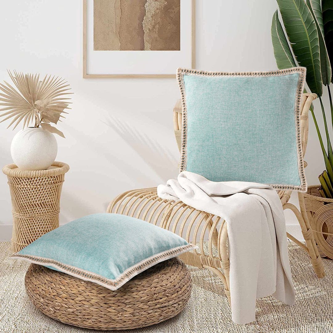 2 Piece Farmhouse Burlap Trimmed Decorative Pillow Covers with Floral Linen Lace Edge