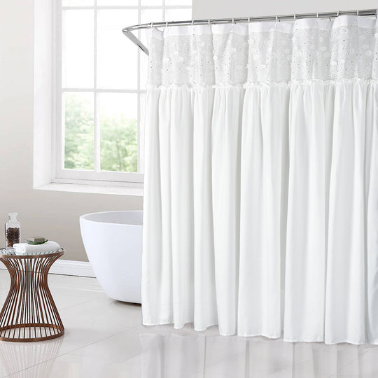 White Eyelet Lace Shower Curtain – Elegant Ruffled Bathroom Curtain 72" x 72"