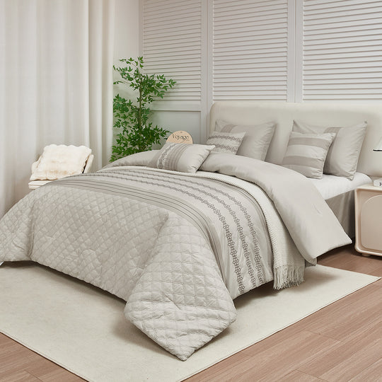 HIG 7 Piece Embroidery White Bed in a Bag, Modern and Stylish Comforter Set for Adults
