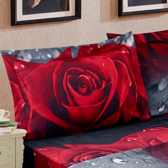 4 Piece 3D Rose Love Romantic Moment Printed Sheet Set (Y28) - Soft, Breathable, Hypoallergenic, Fade Resistant -Includes 1 Flat Sheet,1 Fitted Sheet,2 Shams