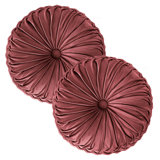 Set of 2 Decorative Velvet Round Pleated Throw Pillows,14.5" Diameter
