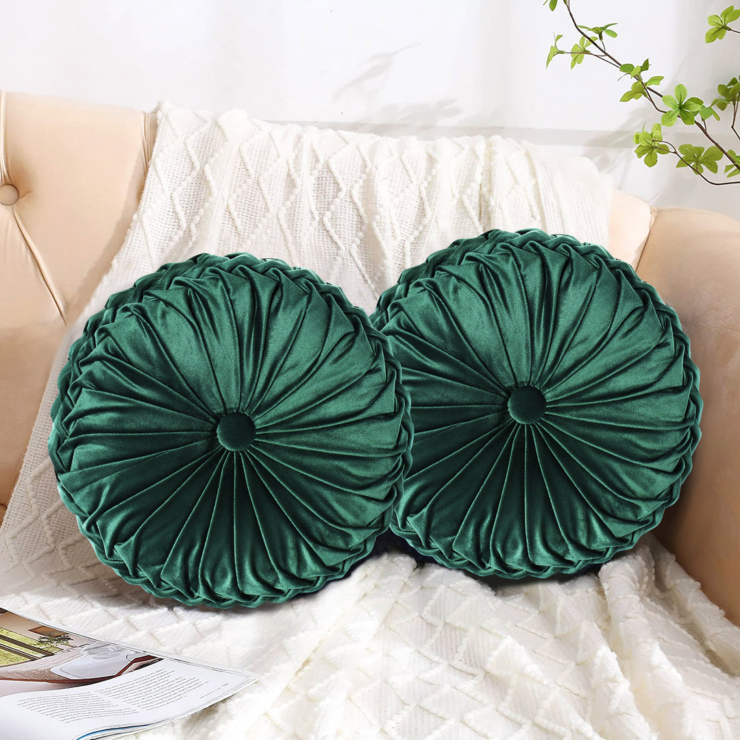 Set of 2 Decorative Velvet Round Pleated Throw Pillows,14.5" Diameter