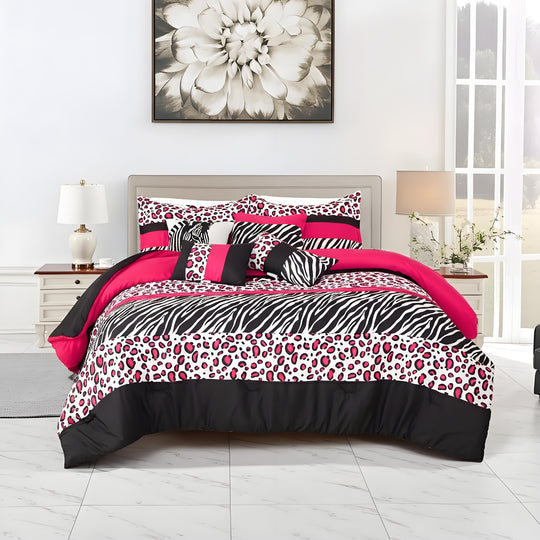 7-Piece Safari Animal Print Comforter Set in Pink, Black & White – Zebra & Leopard Bedding for Queen/King