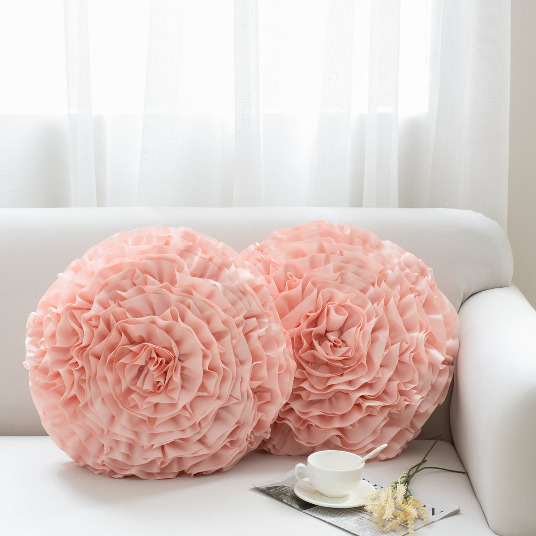 2 Pack 3D Rose Flower Handmade Rosette Rounded Decorative Throw Pillow, Layered Ruffle Floral Accent Pillow for Home Decor,16" Round