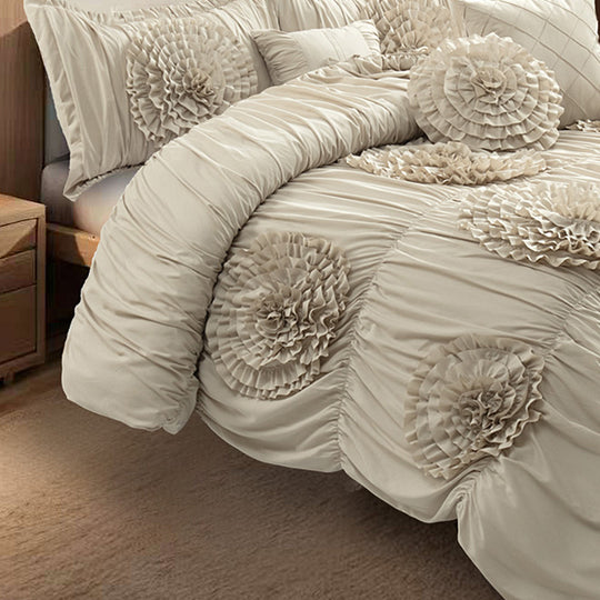 HIG 7-Piece Shabby Chic Ruched Comforter Set with 3D Floral Appliques