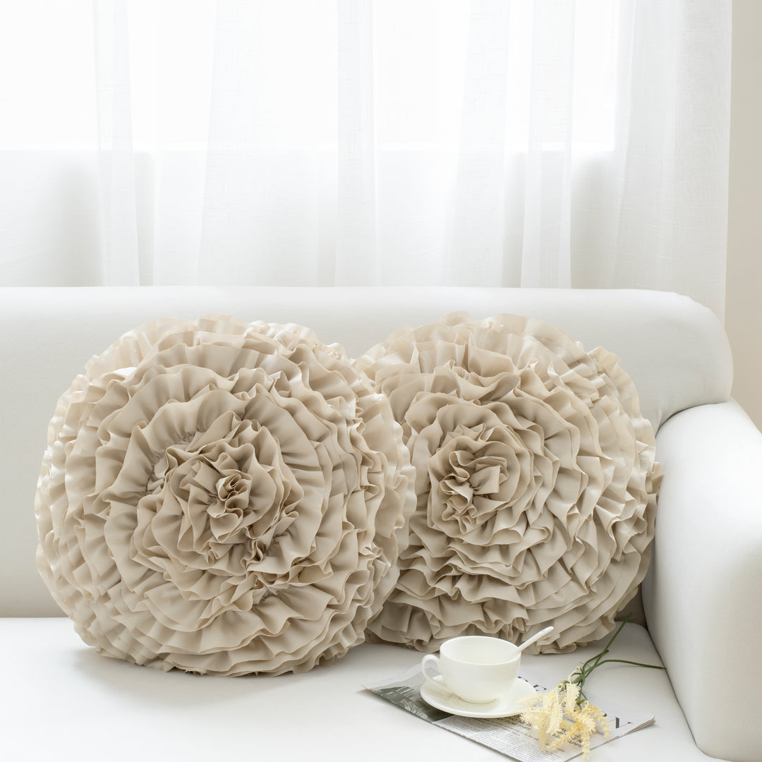 2 Pack 3D Rose Flower Handmade Rosette Rounded Decorative Throw Pillow, Layered Ruffle Floral Accent Pillow for Home Decor,16" Round
