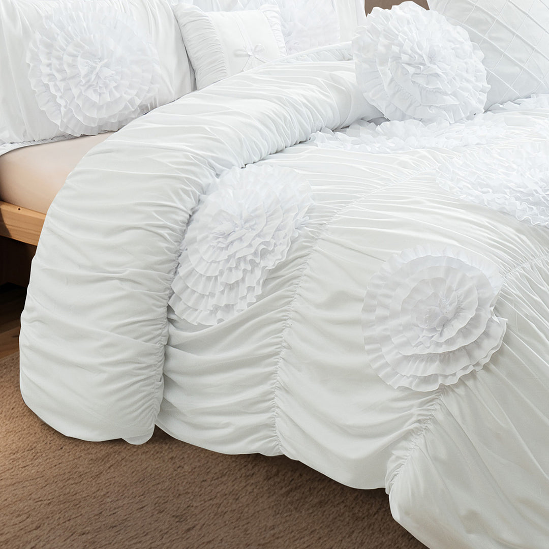 HIG 7-Piece Shabby Chic Ruched Comforter Set with 3D Floral Appliques