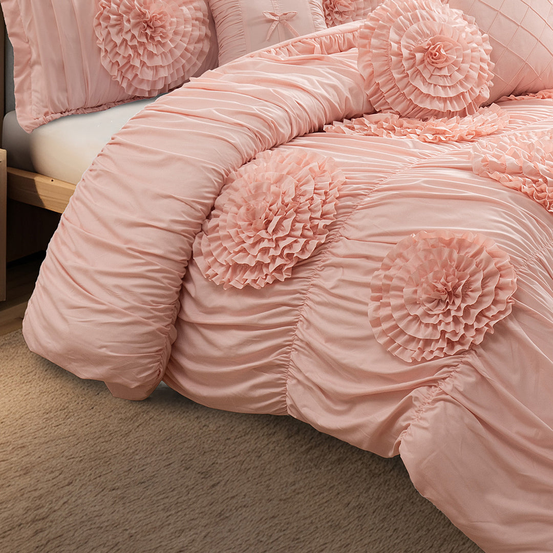 HIG 7-Piece Shabby Chic Ruched Comforter Set with 3D Floral Appliques