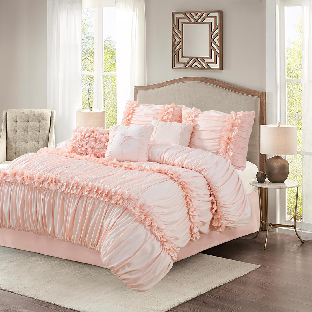 7 Piece Ruched Pleat Comforter Set Vintage Ruched Bed Sets for Bedroom Queen King Size