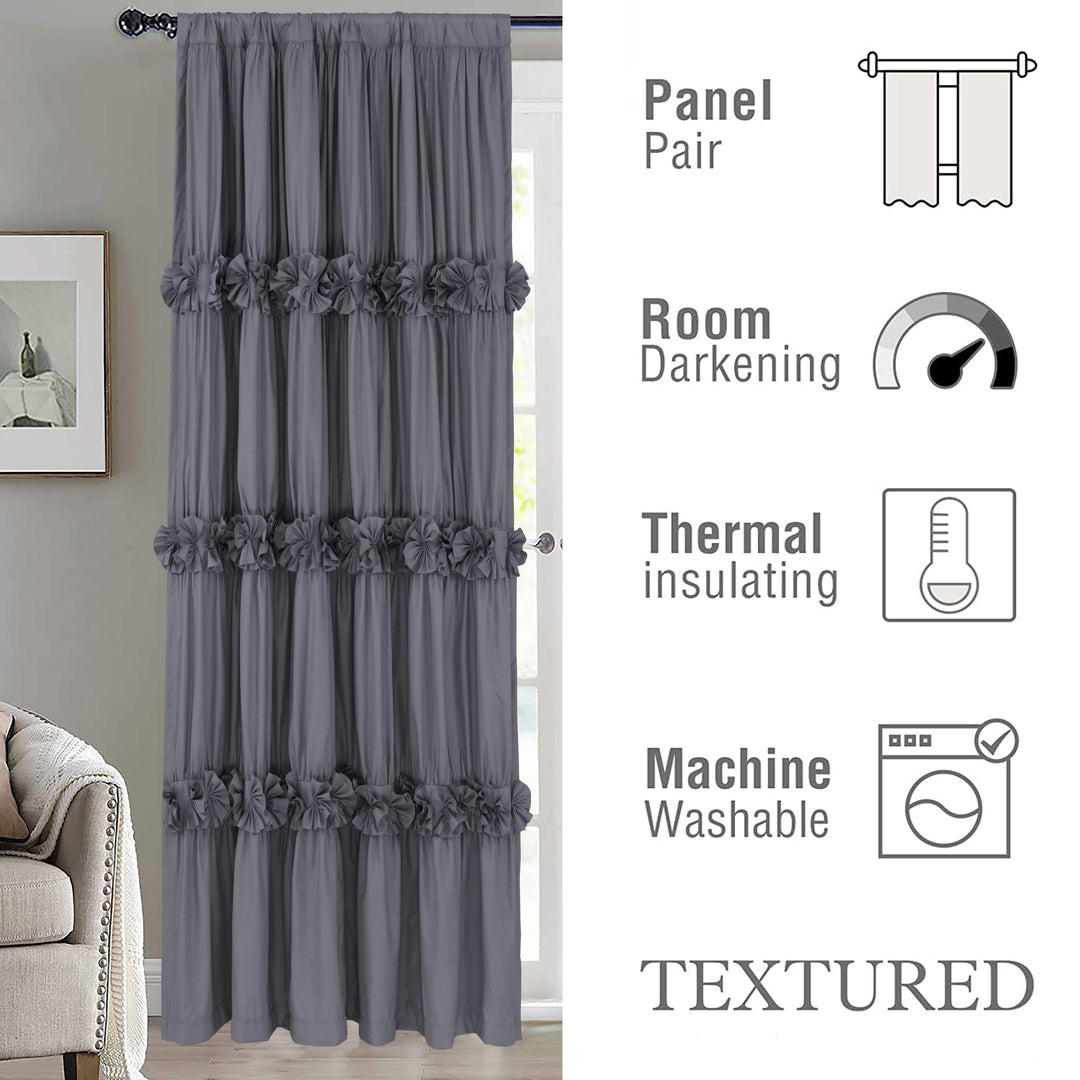 HIG Farmhouse Ruffle Window Curtains with Blackout Liner Handmade Bow Ties Drapes 2 Panels Set, 54"W x 84"L