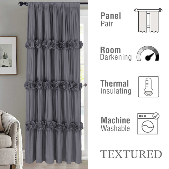 HIG Farmhouse Ruffle Window Curtains with Blackout Liner Handmade Bow Ties Drapes 2 Panels Set, 54"W x 84"L