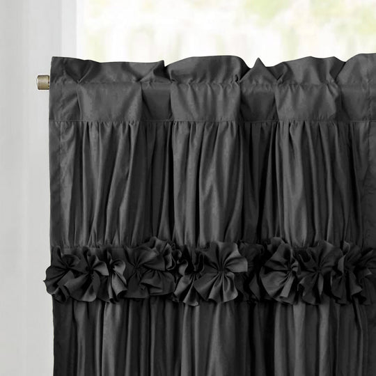 Ruffled Floral Applique Tier Curtains – Brushed Fabric Decorative Kitchen Curtains (Set of 2)