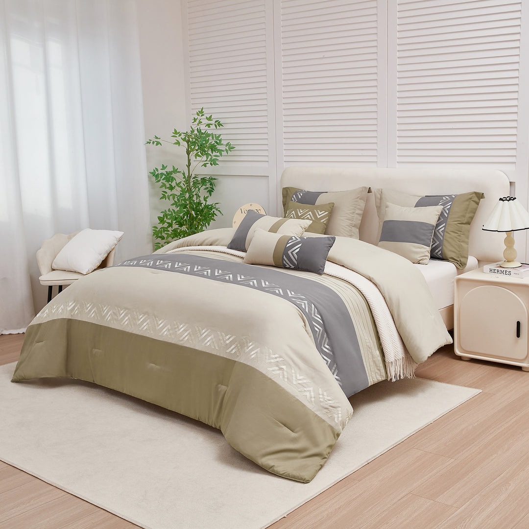 HIG 7 Piece Embroidery Design Bed-in-a-Bag, Taupe Queen Size Ultra Soft Comforter Set for Adults