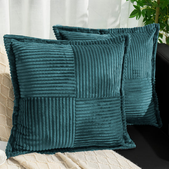 HIG Set of 2 Corduroy Patchwork Decorative Throw Pillows, 18"x18" Square Striped Velvet Cushions with Inserts for Sofa, Couch & Bed
