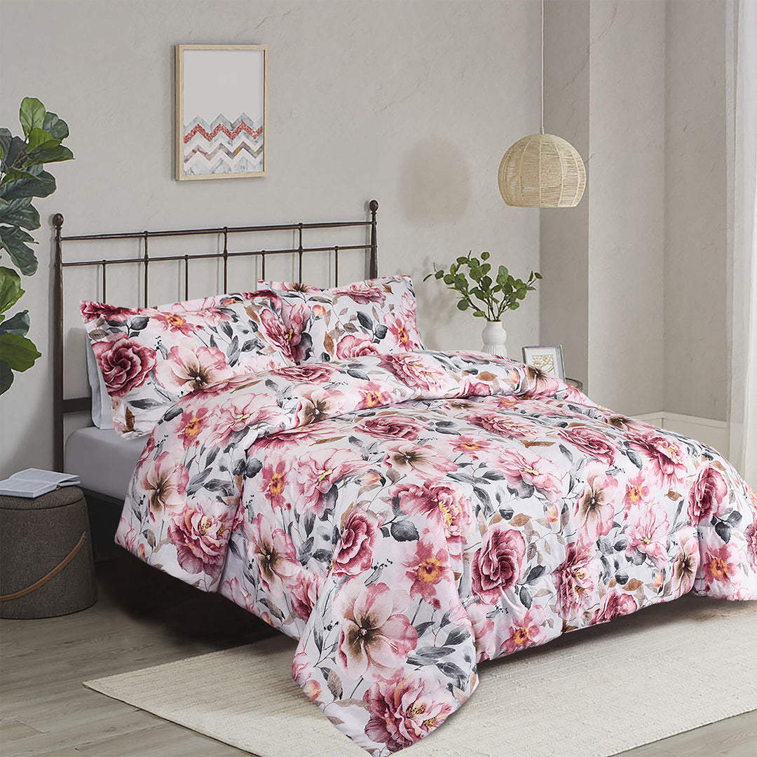 HIG 3 Pieces Botanical Floral Printed Comforter Set with Peony Flowers and Leaves, King