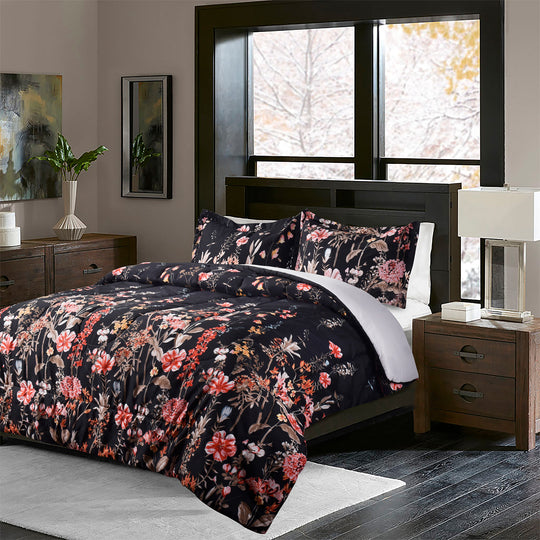 HIG 3 Pieces Botanical Floral Comforter Set with Printed Colorful Flowers and Leaves, King