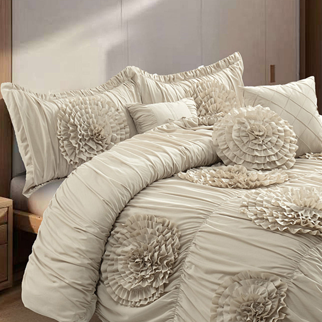 HIG 7-Piece Shabby Chic Ruched Comforter Set with 3D Floral Appliques