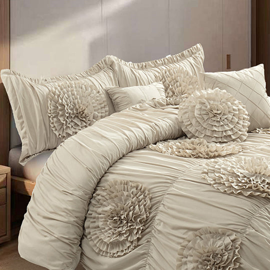 HIG 7-Piece Shabby Chic Ruched Comforter Set with 3D Floral Appliques
