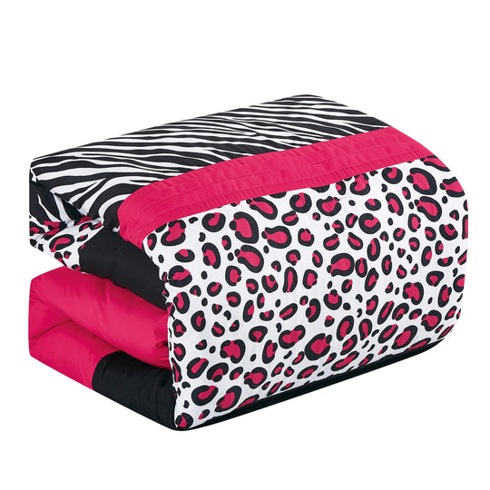HIG 7 Pieces Leopard Print Comforter Set Color Block Patchwork Bed in A Bag, Pink and Black