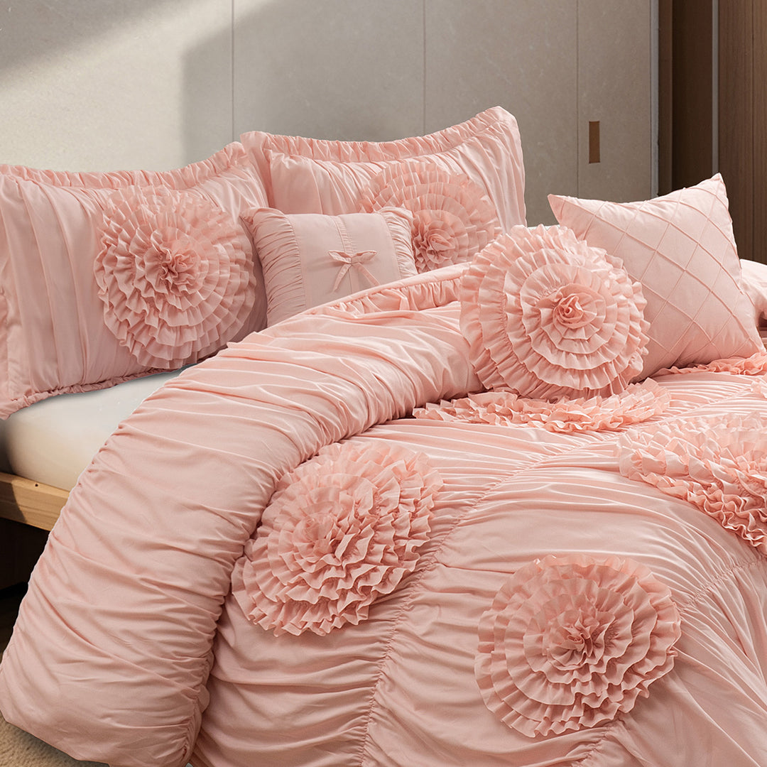 HIG 7-Piece Shabby Chic Ruched Comforter Set with 3D Floral Appliques