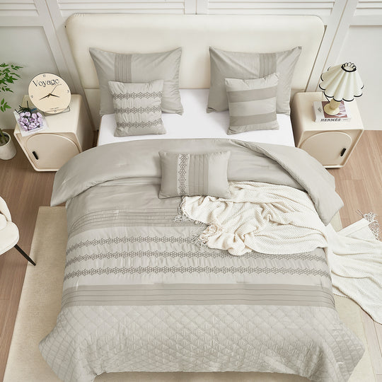 HIG 7 Piece Embroidery White Bed in a Bag, Modern and Stylish Comforter Set for Adults