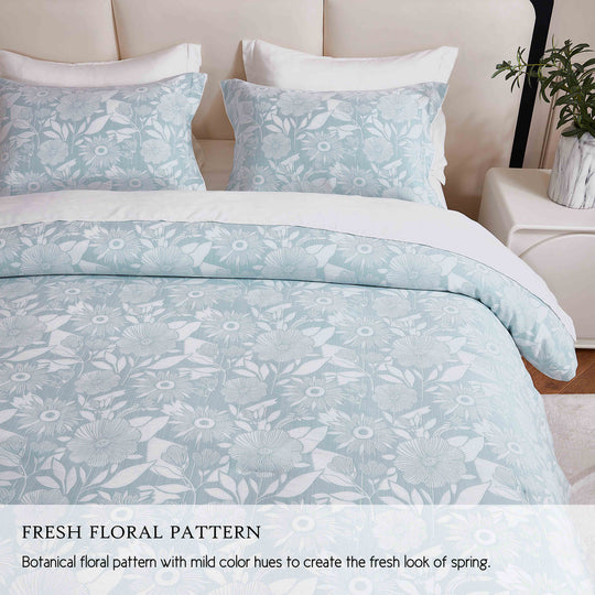 HIG 7pc Floral Jacquard Bed in a Bag Light Blue Botanical Comforters with Flat Sheet, Fitted Sheet and Shams
