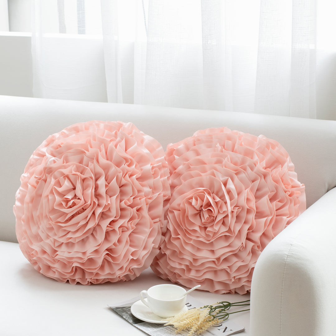 2 Pack 3D Rose Flower Handmade Rosette Rounded Decorative Throw Pillow, Layered Ruffle Floral Accent Pillow for Home Decor,16" Round