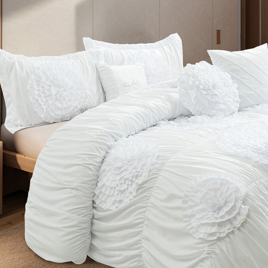 HIG 7-Piece Shabby Chic Ruched Comforter Set with 3D Floral Appliques