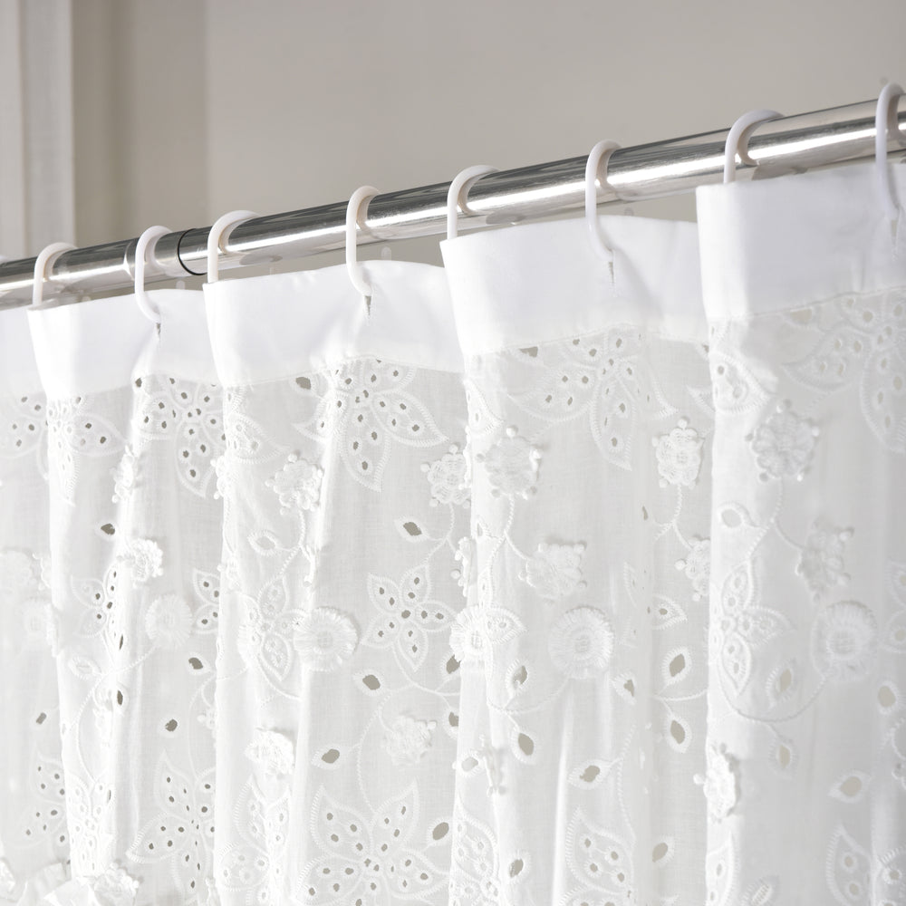 White Eyelet Lace Shower Curtain – Elegant Ruffled Bathroom Curtain 72" x 72"