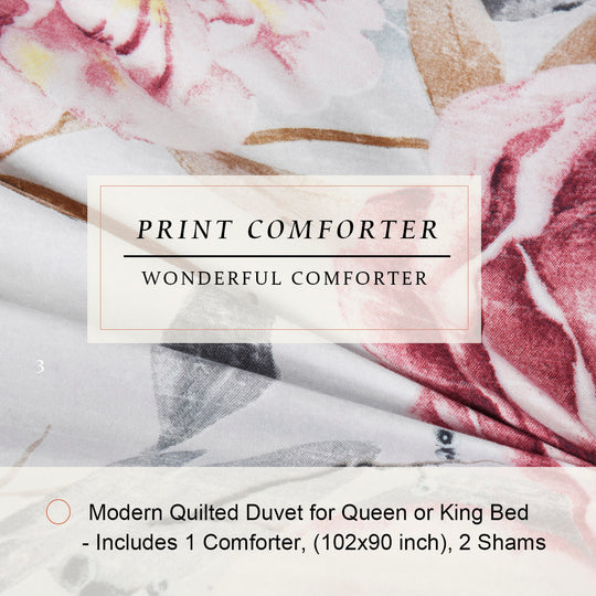 HIG 3 Pieces Botanical Floral Printed Comforter Set with Peony Flowers and Leaves, King